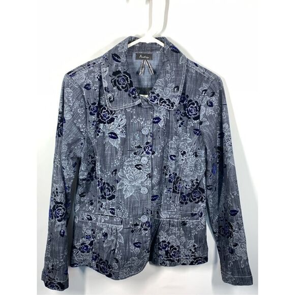 Analogy Women's Floral Velvet Button Front Blazer Jacket Gray Black Small NWOT - Picture 1 of 9